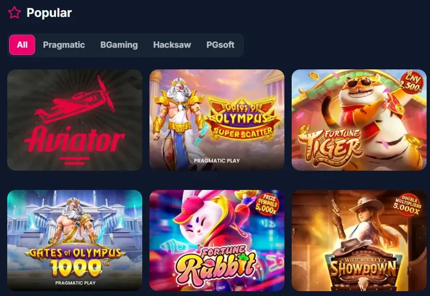 Lukkly'de popüler oyunlar: Aviator, Gates of Olympus, Fortune Tiger, Fortune Rabbit ve Showdown